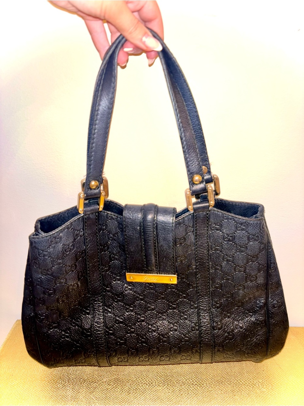 Black Embossed Leather Tote Handbag